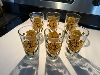 ✨ Set of 6 Vintage Mid-Century Modern Highball Glasses – Yellow Rose Design ✨