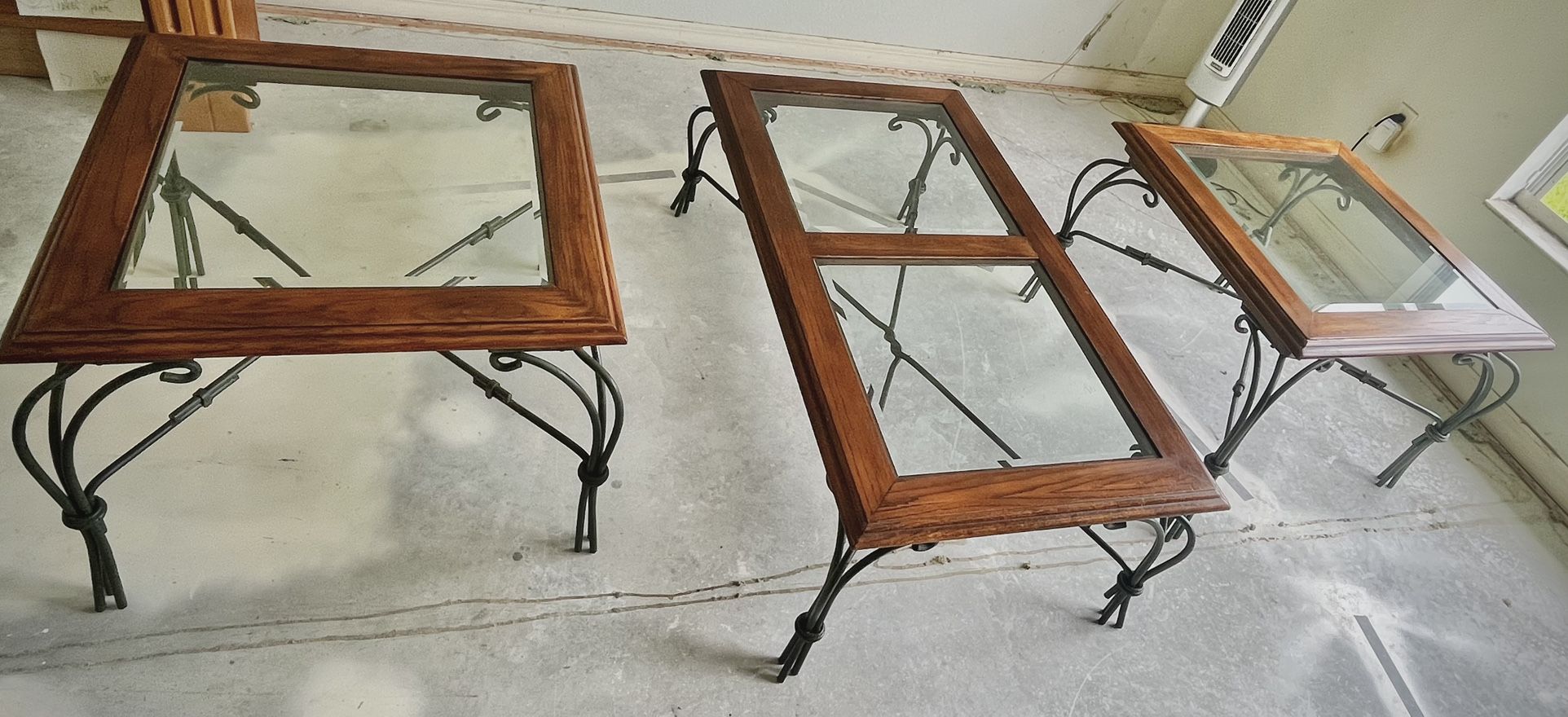 💥 3-Piece Coffee Table Set – Wood, Glass & Wrought Iron 💥
