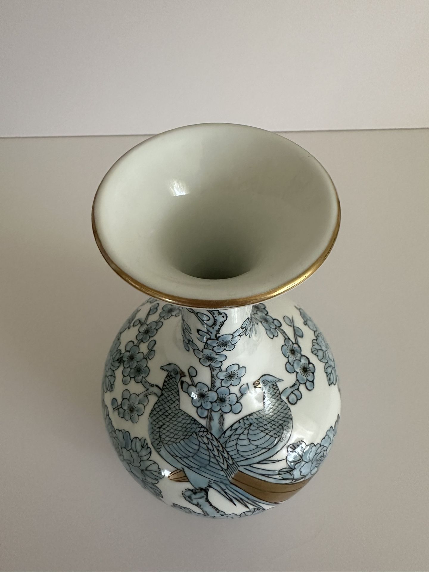 Gold Imari Hand Painted Vase Blue Floral Peacock Gold Trim Japan 8 In