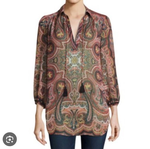 Alice + Olivia Bohemian Flowy Paisley Sheer Tunic Blouse with 3/4 Sleeves Size S