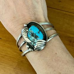 Vintage  ME Tsosie Sterling Silver Turquoise Cuff Bracelet size 6.5”
