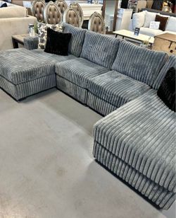 Brand New Grey Fur Like Sectional Sofa Couch w/Double Chaise (New In Box)