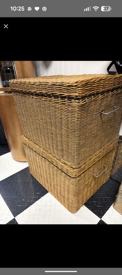 Vintage Woven Rattan Storage Hampers / Baskets with Metal Handles