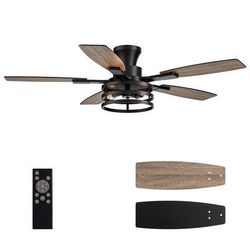 Siljoy - 52 Inch Farmhouse Flush Mount Ceiling Fan with Lights Dual Blades Remote Included 5 Blades for Patio Bedroom Living Room - Matte Black