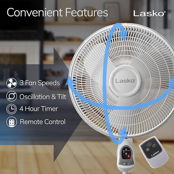 Lasko Oscillating Stand Fan (Remote Control), White - 16 Inch