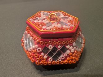 Handmade Indian Lac Beaded Trinket Box - Mirror Mosaic