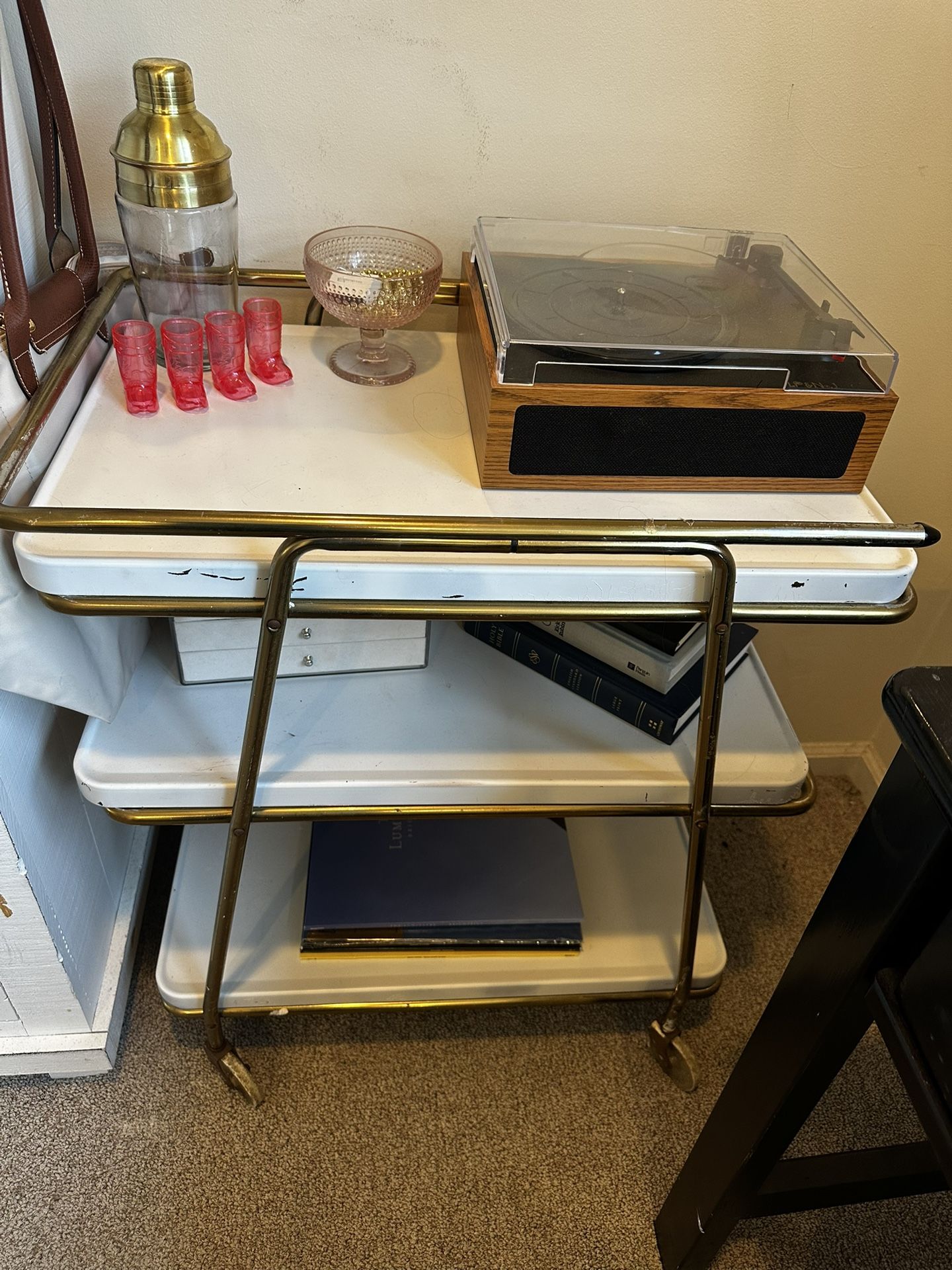 Vintage White & Gold Rolling Bar Cart – 3-Tier Metal Shelves