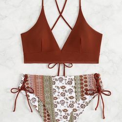 Floral Print Drawstring Bikini Swimsuit XL