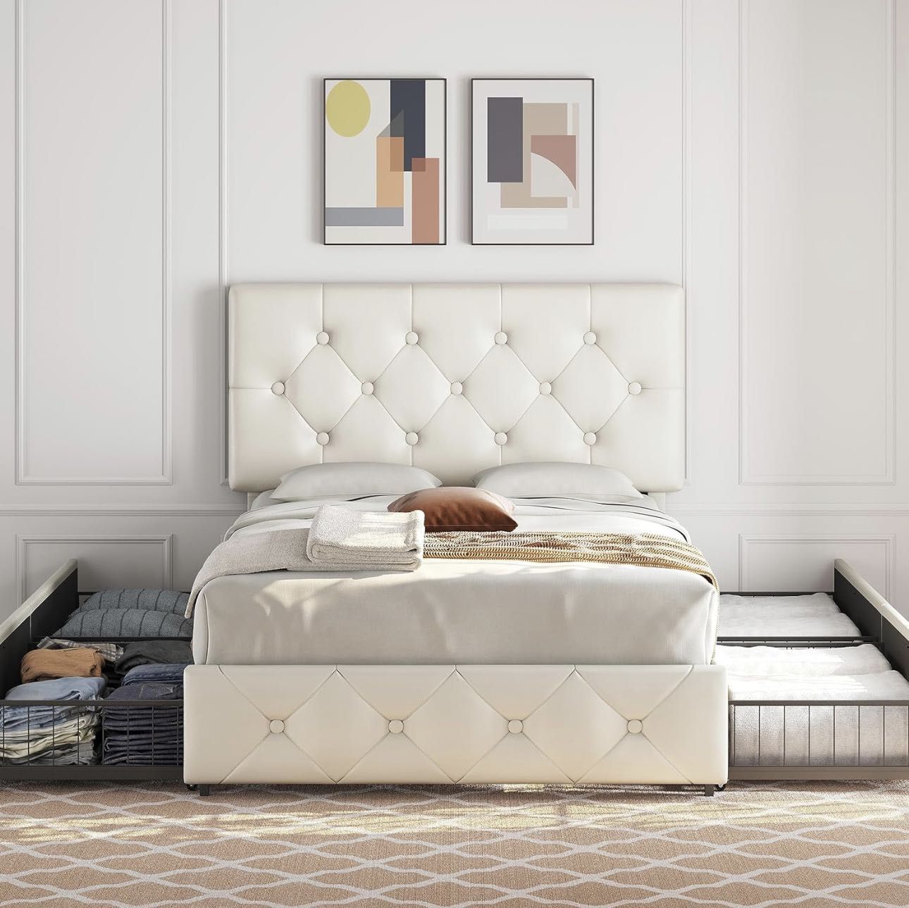 Full Upholstered Bed Frame with 4 Storage Drawers and Adjustable Headboard, Faux Leather Platform Bed Frame with Mattress Foundation, Strong Wooden Sl