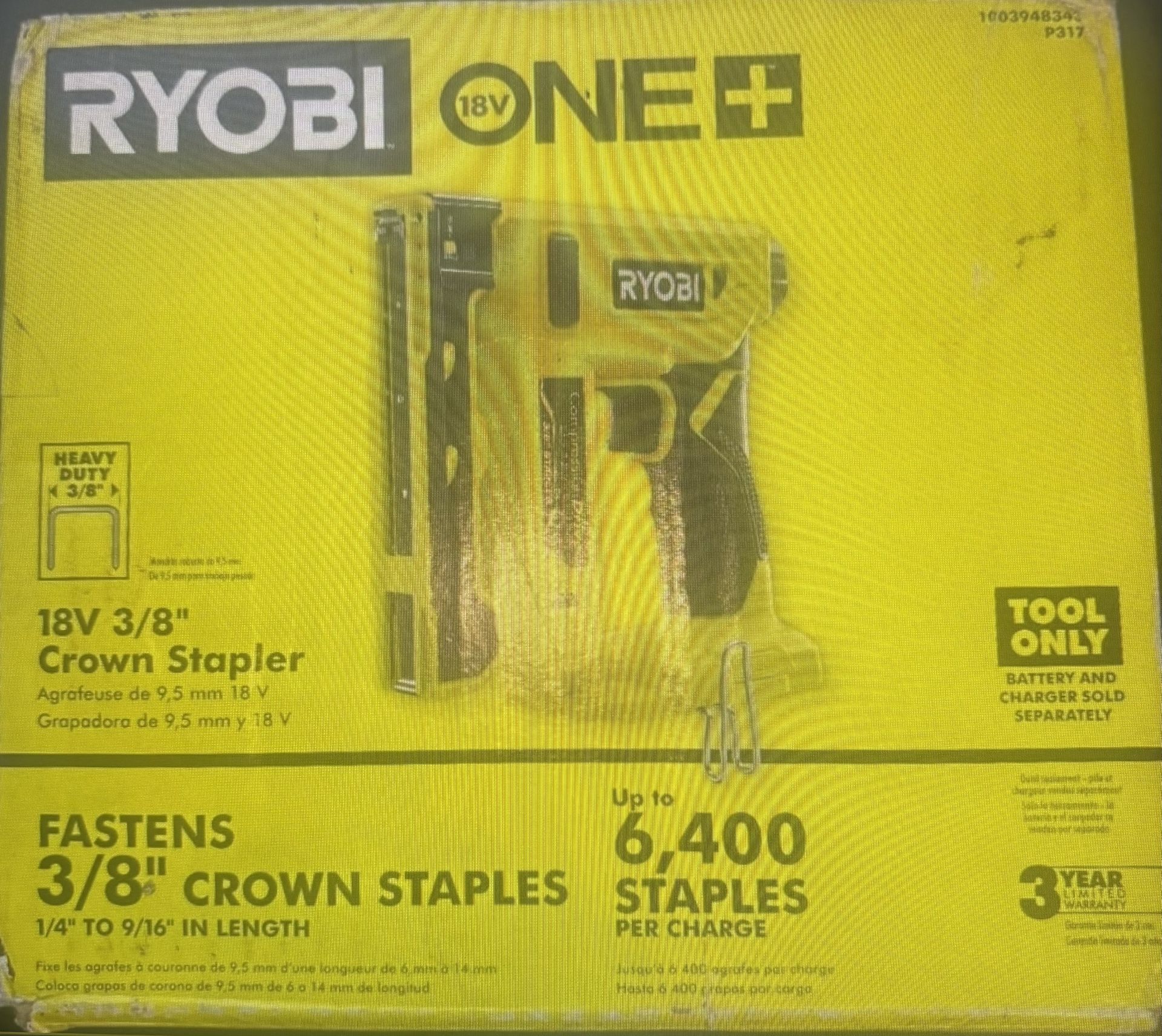 Ryobi 18-volt One Cordless Compression Drive 3/8in Crown Stapler Tool Only P317