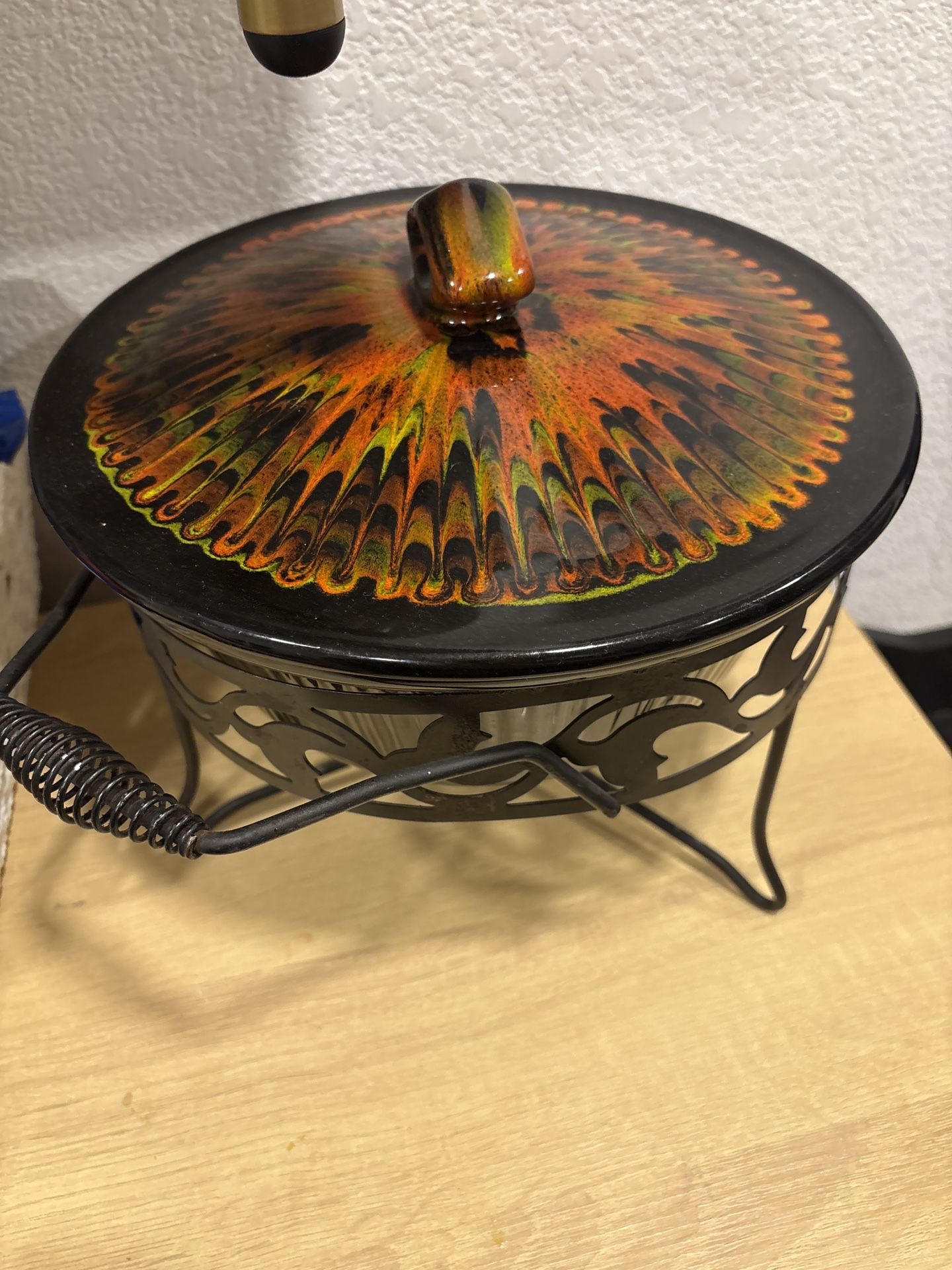 Vintage Psychedelic Enamel Fondue Pot Chafing Dish with Wrought Iron Stand – Mid Century Retro
