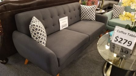 Brand new 82" teal or grey linen midcentury modern sofa + 2 accent pillows