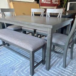 ( 6 pc  grey finish wood dining table set padded seat chairs and bench )