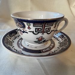 Japanese Vintage Tea Cup & Saucer - Double Phoenix Nikko Ironstone Japan Imari Floral Cobalt