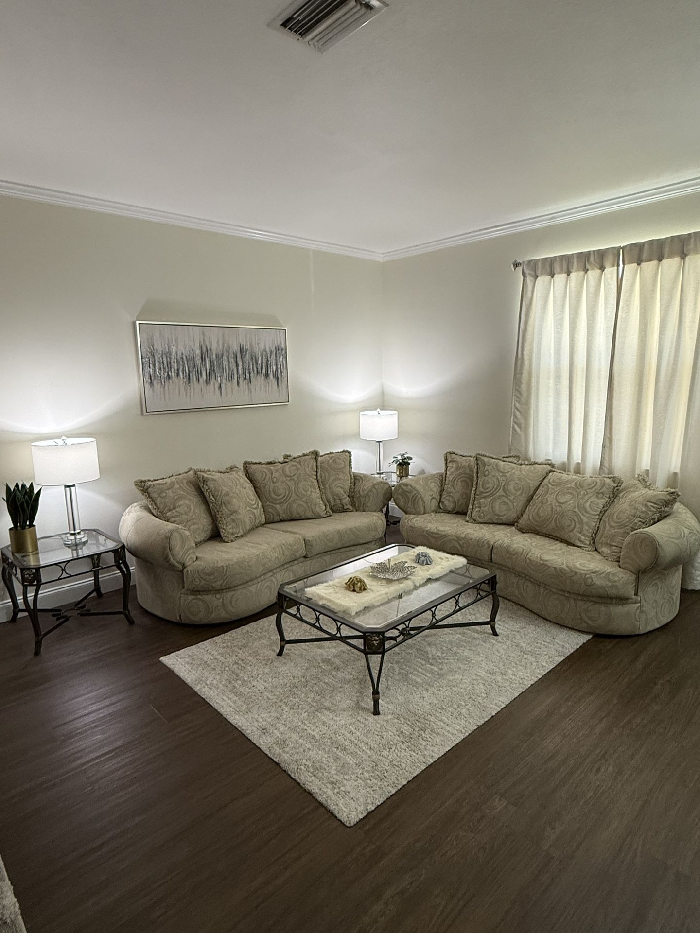 7-piece Vintage Post Modern Curved Sofas with Coffee table, 2 End tables, Mirror and Console Table