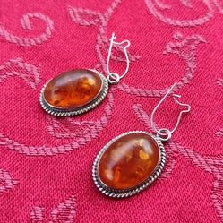 Natural Baltic Amber Drop  Dangle Earrings In Sterling Silver

