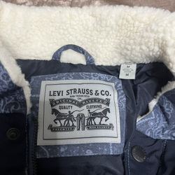 New Blue Levi's Men's Mixed Media Quilted Puffer Jacket with Sherpa Lined Collar