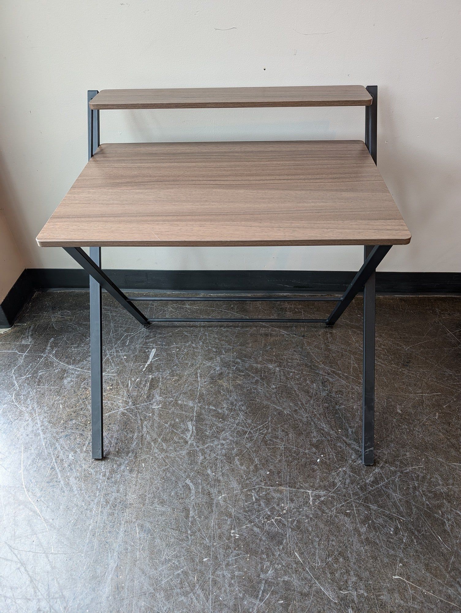 Compact Wood-Grain Desk with Elevated Shelf