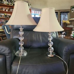 Pair of Modern Stacked Glass Ball Table Lamps with Shades