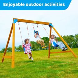 Wooden Swing Sets for Backyard, Family DIY Kit for Any Swings, Outdoor Playset for Kids with Trapeze Swing Bar and 2 Belt Swings, Heavy Duty Playgroun