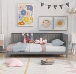 NEW Twin Gray Wood Daybed, Sofa Bed with Wood Legs and Headboard