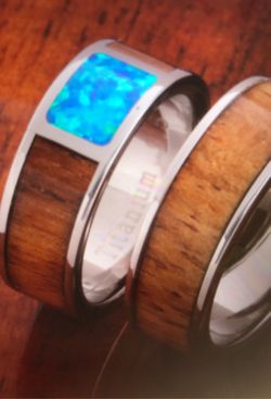 8mm width Koa Wood with opal inlaid titanium wedding ring