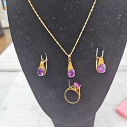 14kt  Amatist Stone Set Includes Pendant With Chain, Earrings,and Ring $1200