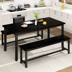 Kitchen Table Set with 2 Benches 4 Person Dining Room Table Set for Home Kitchen, Dining Room, Restaurant, Space Saving, Black, 43.3''L x23.6''W x28.5