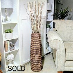  Tall Floor Vase, Wicker Basket with Branches  50"x10" vessel, container, pottery, faux plants, fake plants, home decor, boho, modern