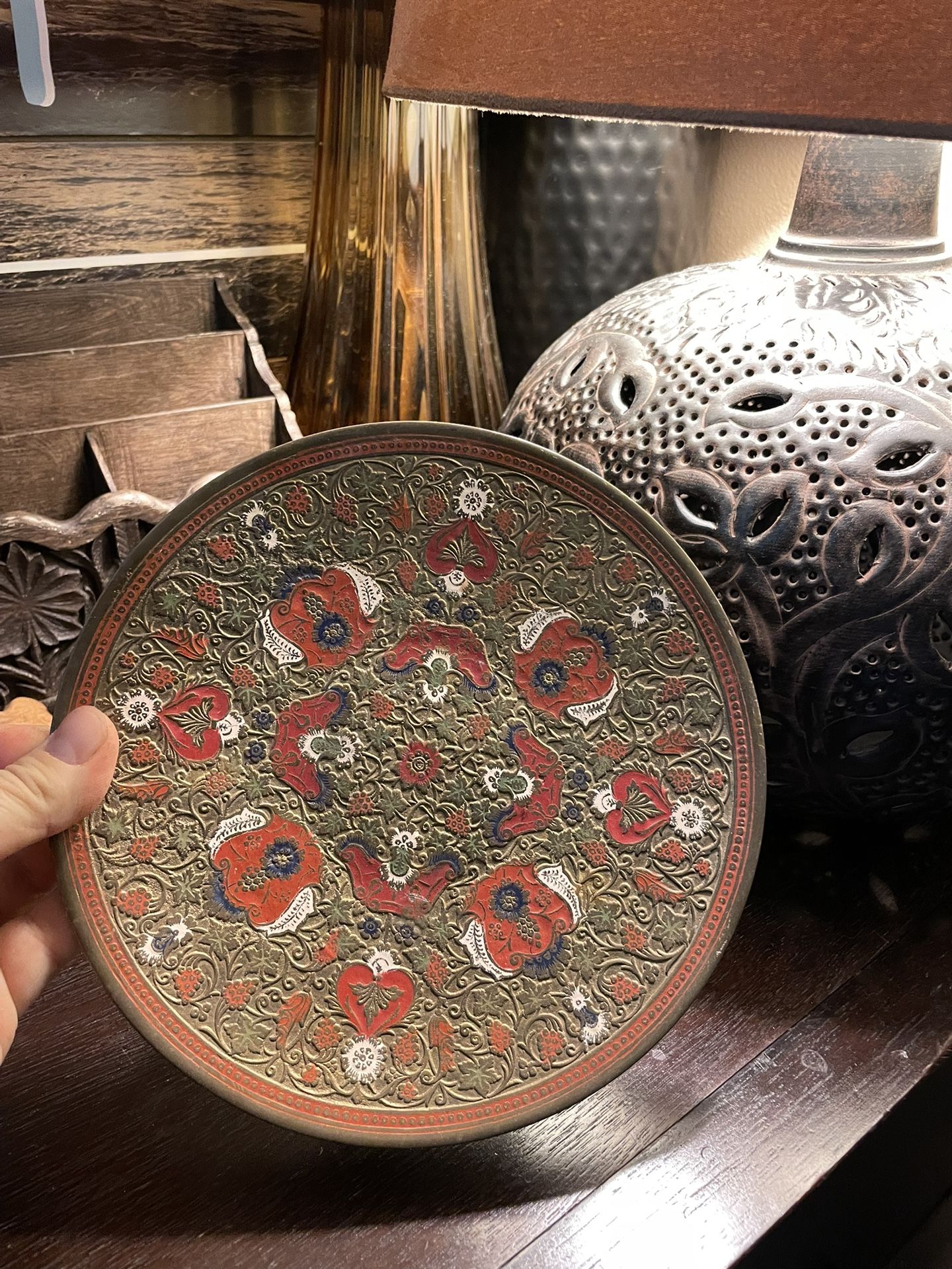 Beautiful vintage etched brass enamel decorative plate