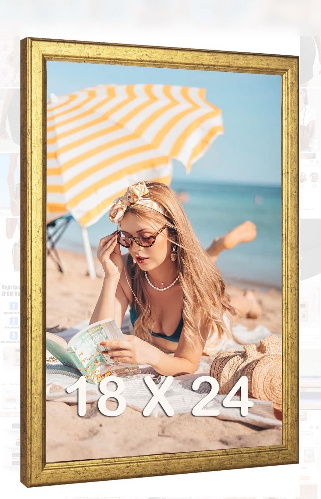 Wood 18x24 Frame Gold, Ornate Natural 24x18in Poster Picture Frame, Modern Golden 18 x 24inch Gallery Wall Photo Frame with HD Plexiglass, Horizontal