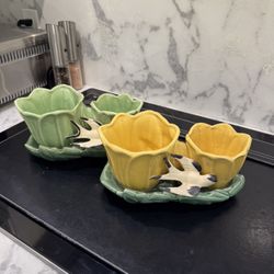 Pair of 2 McCoy USA Yellow Calla Lily Tulip Flowers Swallow Bird Ceramic Vases Planters - $150