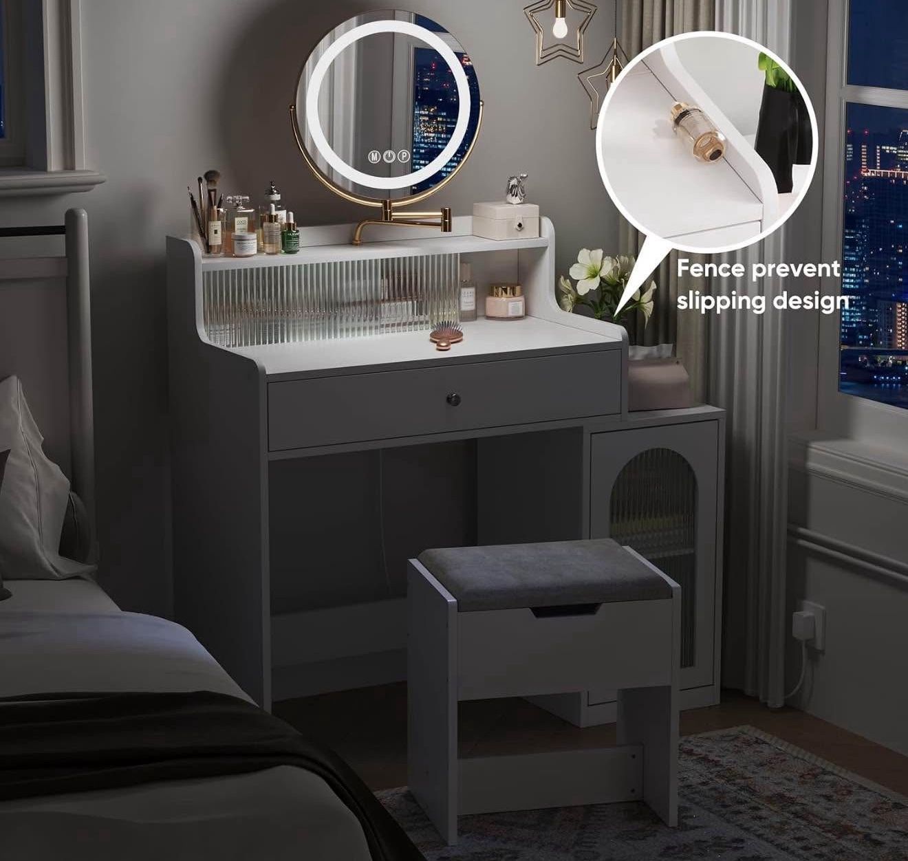 Vanity, Makeup Vanity Desk with Rotatable Mirror and Lights, White Make Up Vanity Table with 3 Adjustable Lighted and Chair, Makeup