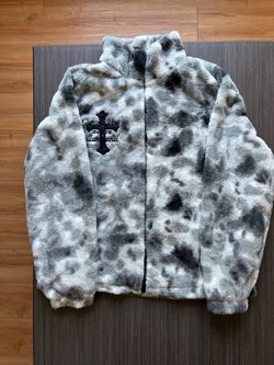 Faux Fur Zip-Up Jacket with Cross Embroidery