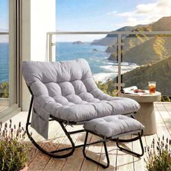 Pirecart Papasan Chair with Ottoman, Outdoor Comfy Rocking Chair with Cushion & Sturdy Metal Frame, Patio Lounge Chair for Balcony Backyard Porch Bedr