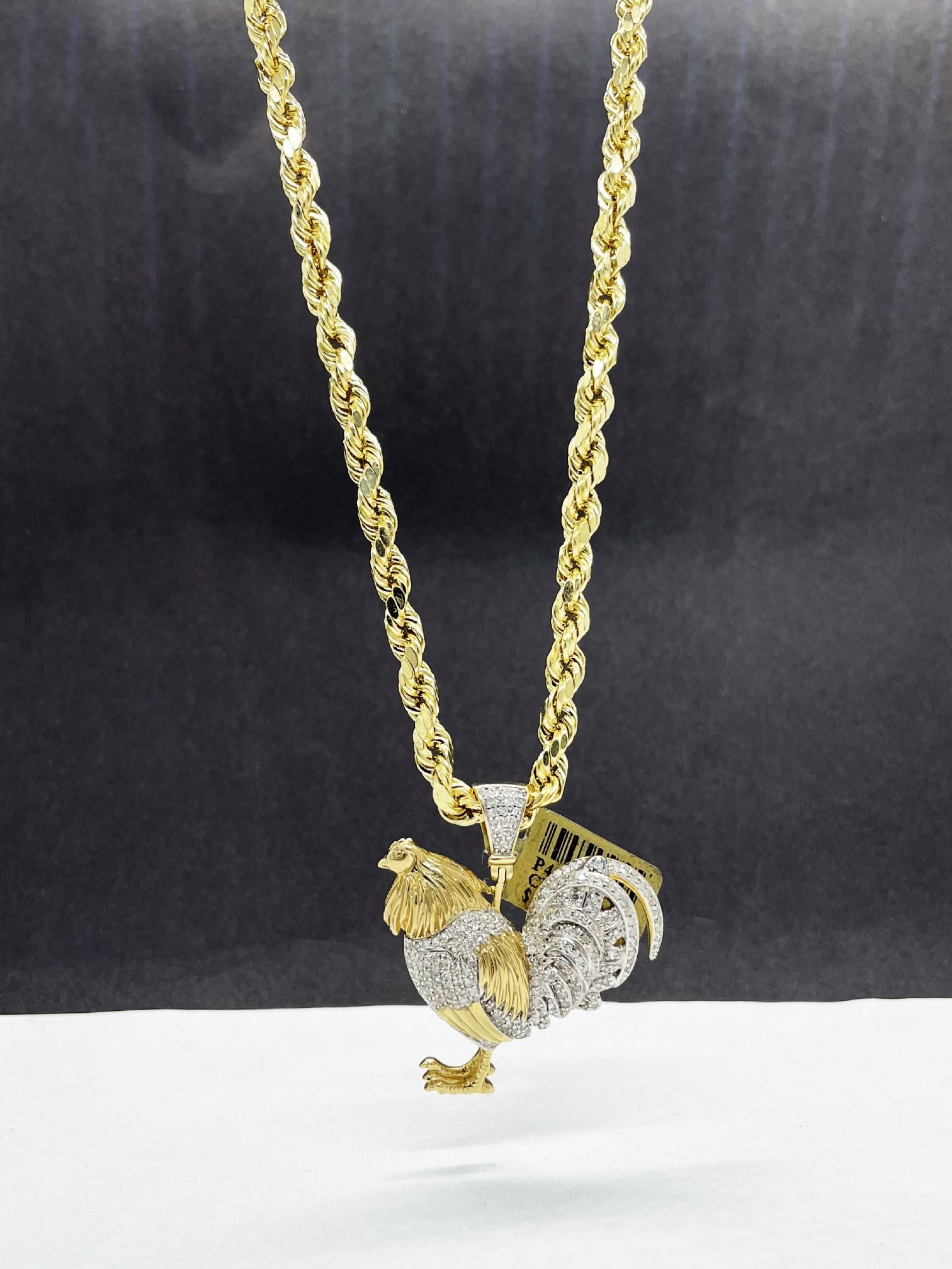 14k Gold Rope Chain And Rooster With Diamond 💎💎Pendant , Necklance Gold Pendant