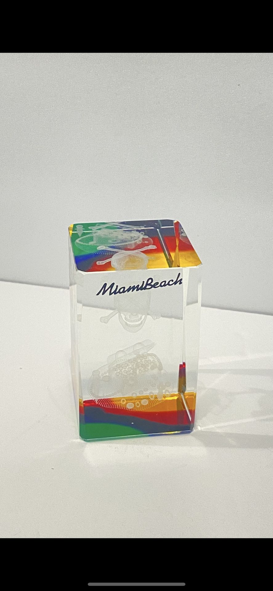 Miami Beach Treasure Laser Etch Crystal Paperweight Rainbow Skyline Hologram 3”. 