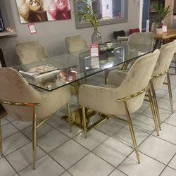Clear Glass Top & Mirrored Gold Dining Room Set / 7pc