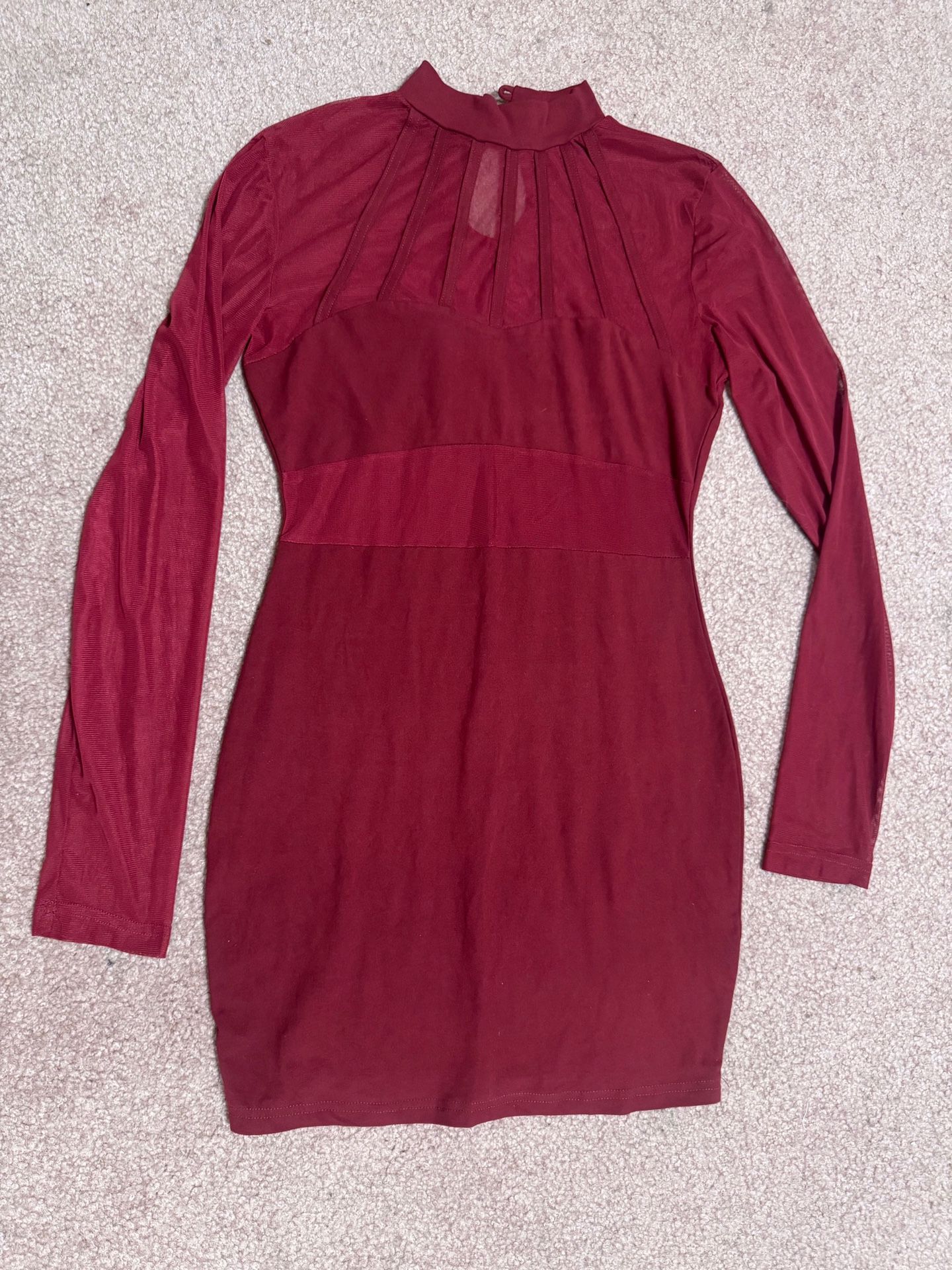 New small Burgandy red long sleeve short stretchy mesh sheer dress