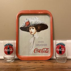 Vintage Coca Cola Tray & 2 Glasses