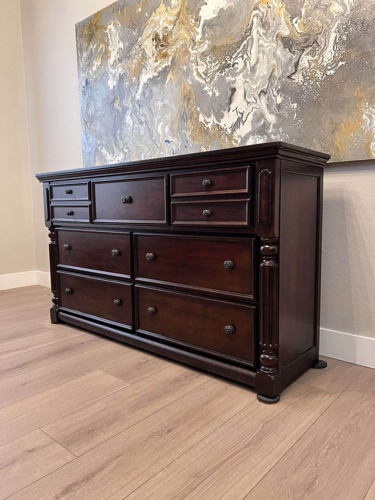 69” Wide 40” Extra Tall Ornate ASHLEY Brown 7 Dovetail Drawer Dresser Or Credenza