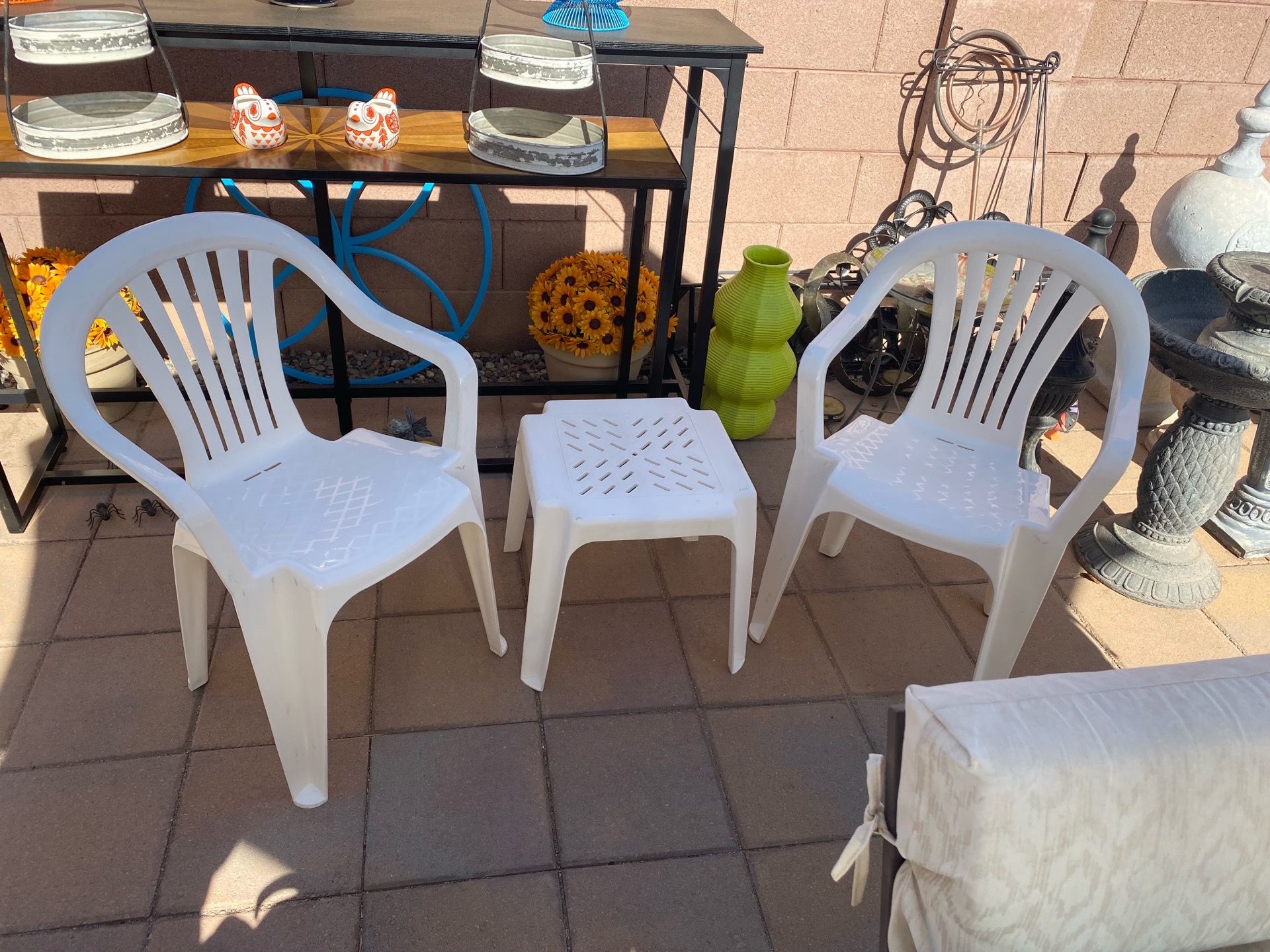 3pc Table & Chair Set White Plastic Stacking Outdoor Garden Patio Backyard Furniture