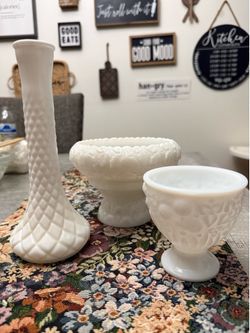 Unmarked White Milk Glass 3-Piece Vase Set Bud Vase, Pedestal Vase, Cup