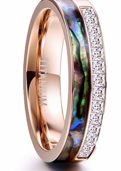 6mm Stainless Steel Wedding Engagement Band Ring Rose Gold Plated Princess Cut CZ and Abalone Shell Inlay