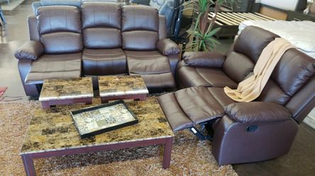 Brown bonded leather sofa and loveseat