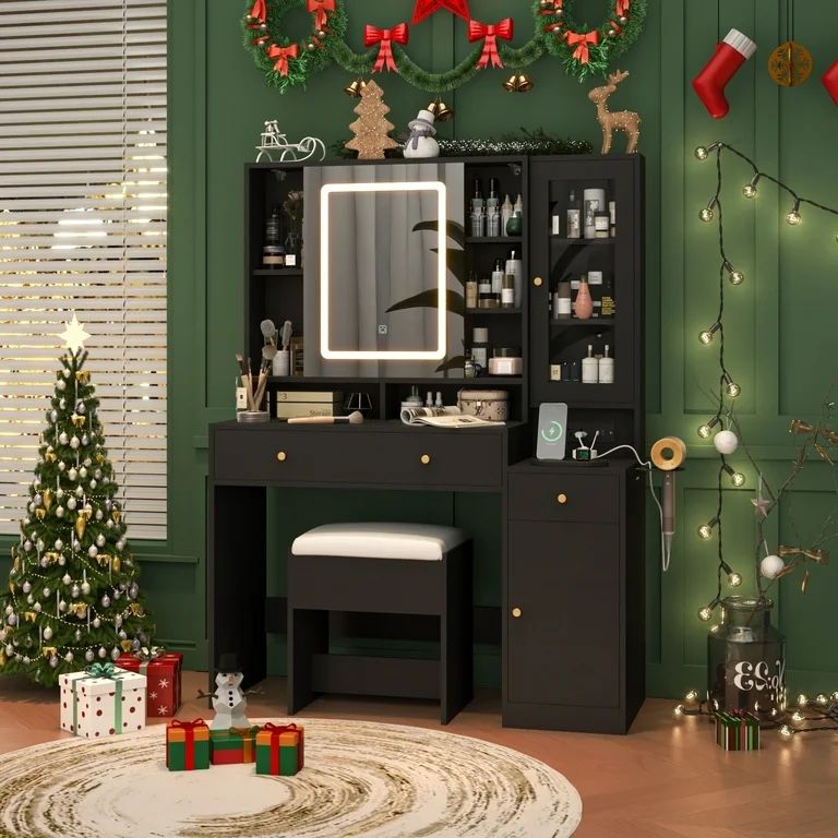 Black Vanity Desk with Sliding Mirror & Lights, Vanity Table Makeup Desk with Charging Station 2 Drawers 2 Doors, Lots of Storage Shelves, Large Vanit