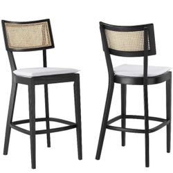 Bar Stools with Rattan Back and Removable Cushion Cover - 2Pc High Bar Chairs with Footrest - Armless Bar Stools