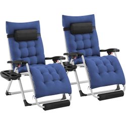 Zero Gravity Chair, Folding Reclining Lounge Recliner with Removable Pad & Headrest & Side Cup Holder Tray for Indoor and Outdoor Navy Blue/2