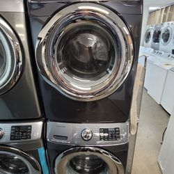 Samsung Front Loading Washer And Stackable Gas Dryer Set In Black Stainless Steel 