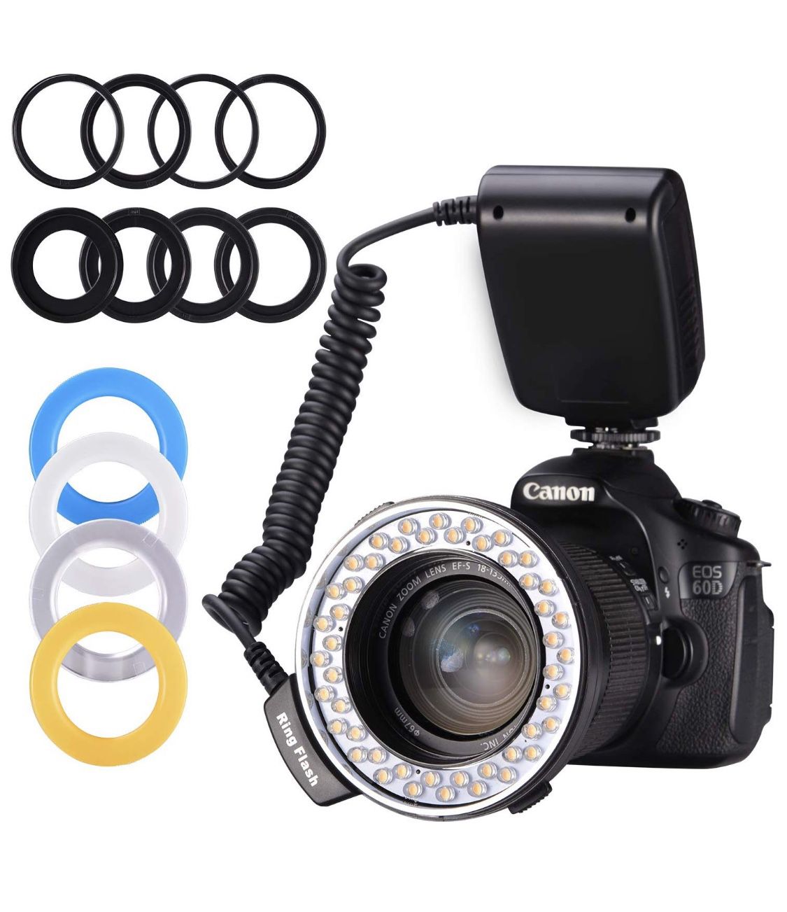 Ring Flash,Emiral 48 Macro LED Ring Flash Bundle with LCD Display Power Control, Adapter Rings and Flash Diffusers for Camera and Other DSLR Cameras